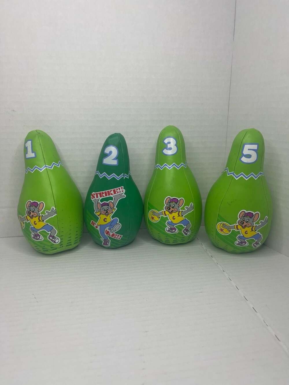 Vintage Chuck E. Cheese Plush Bowling Pin Set - Includes Pins 1, 2, 3, and 5